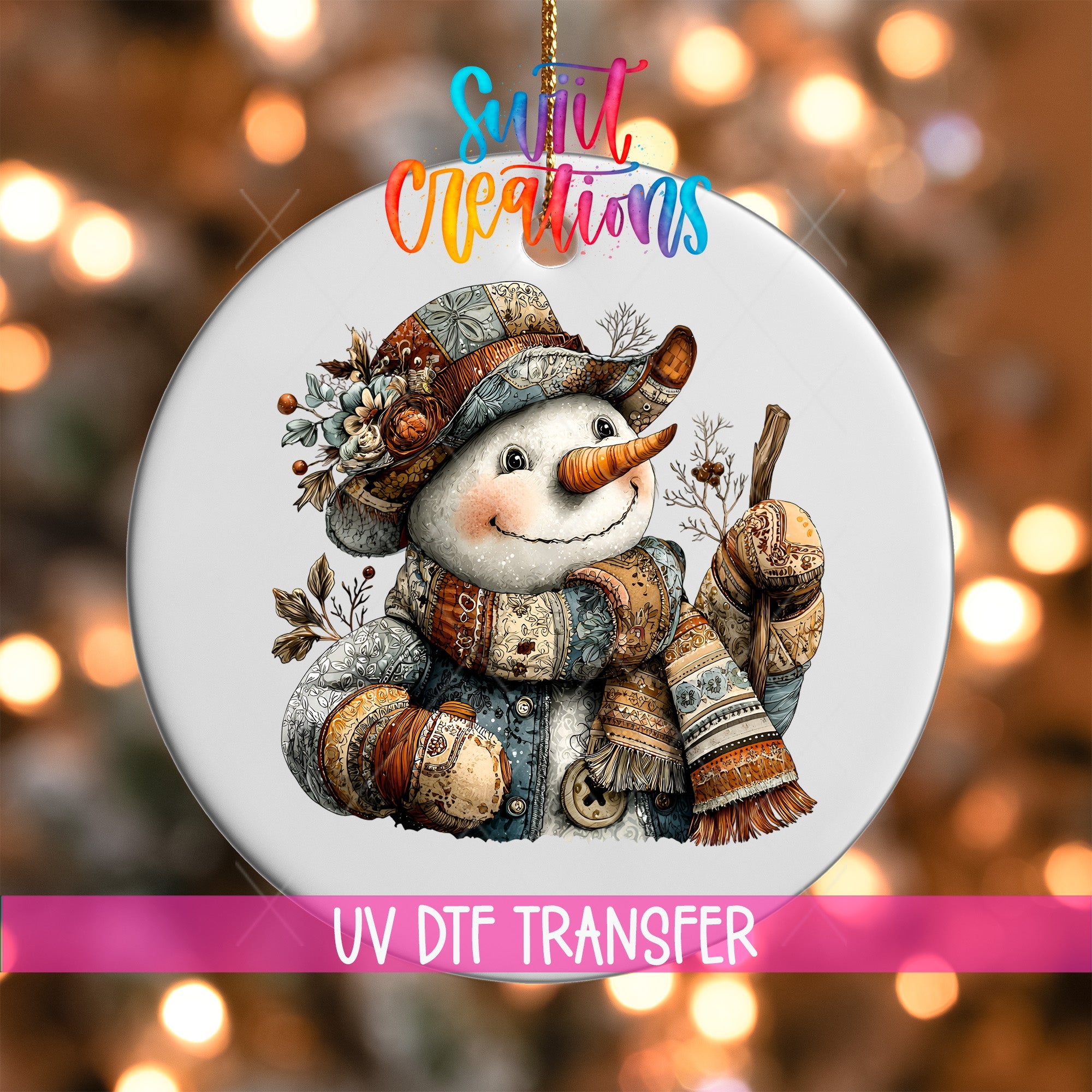 Rustic Patchwork Snowman UV DTF Ornament Transfer | O-1897 - Swiit Creations