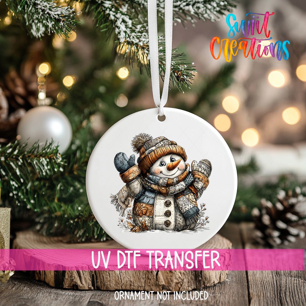 Rustic Patchwork Snowman UV DTF Ornament Transfer | O-1898 - Swiit Creations