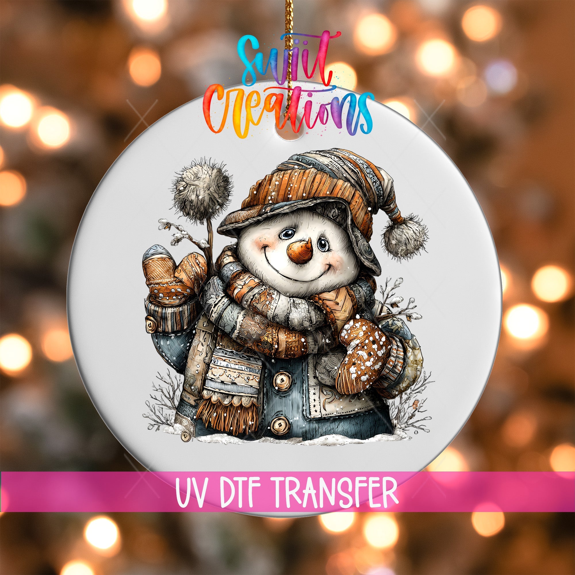 Rustic Patchwork Snowman UV DTF Ornament Transfer | O-1906 - Swiit Creations