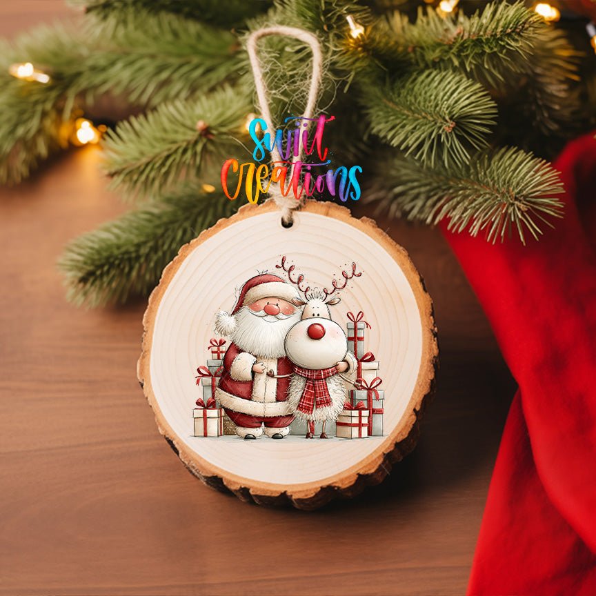 Santa and Reindeer Gifts UV DTF transfer on a wood slice ornament with pine branches and a red stocking