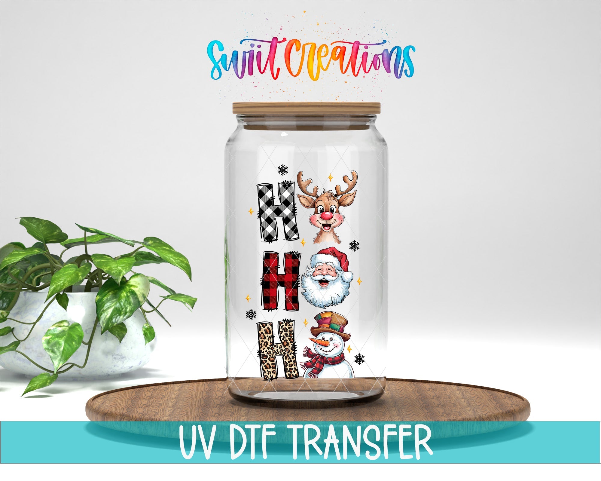 Swiit Creations UV DTF Santa Reindeer Snowman transfer displayed on a clear jar mockup