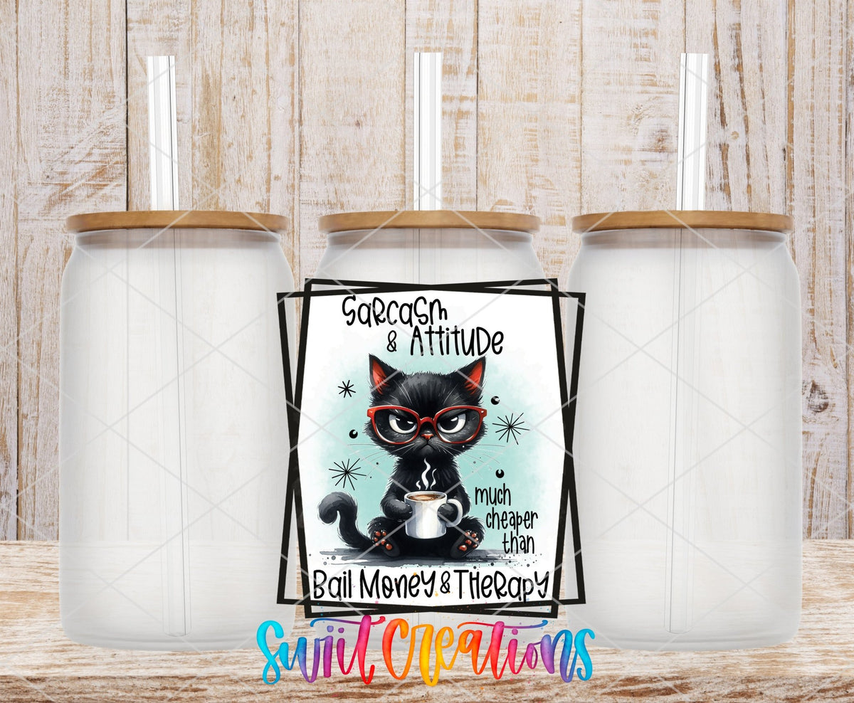 Sarcasm and Attitude UV DTF transfer on frosted glass cans with bamboo lids
