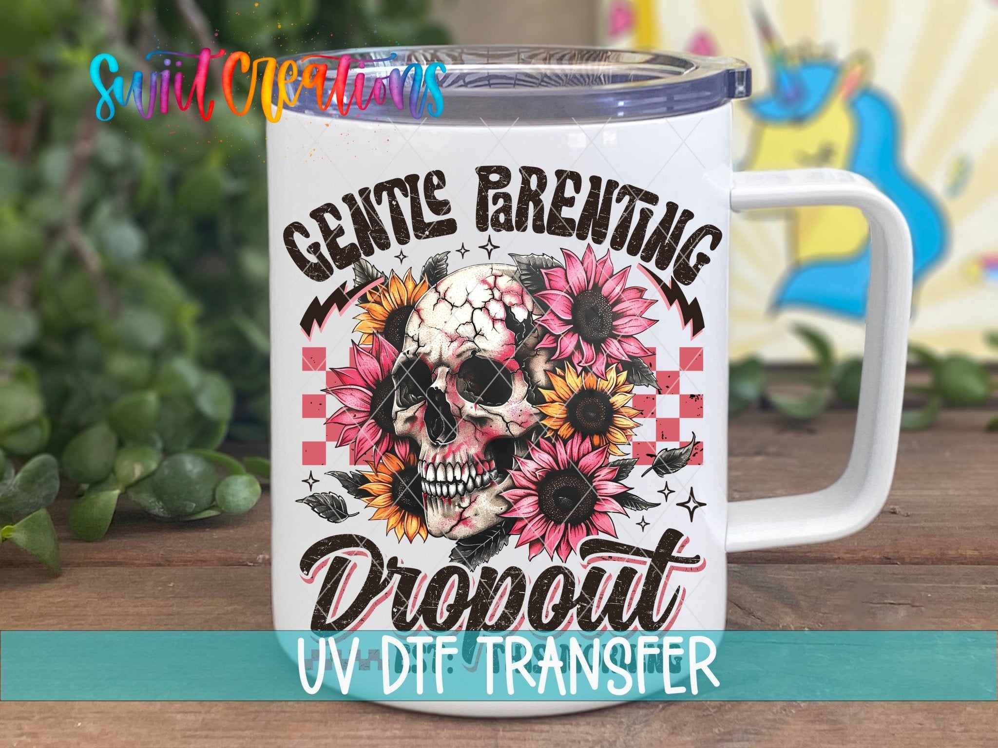 Scarcastic and Sassy Mom Group Dropout UV DTF transfer displayed on a white coffee mug from Swiit Creations