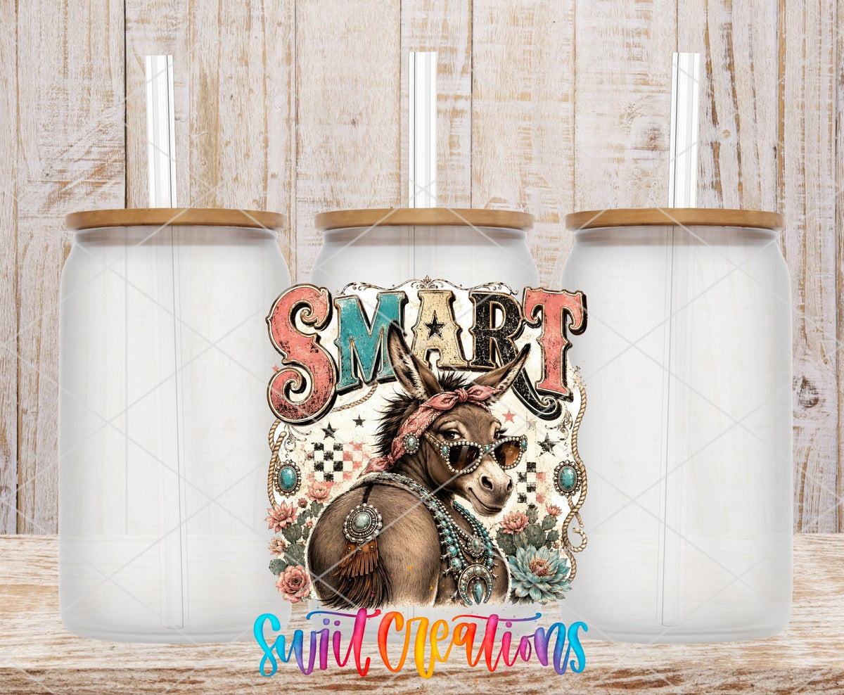 Smart Ass Western Donkey UV DTF transfer applied to a clear glass can set from Swiit Creations