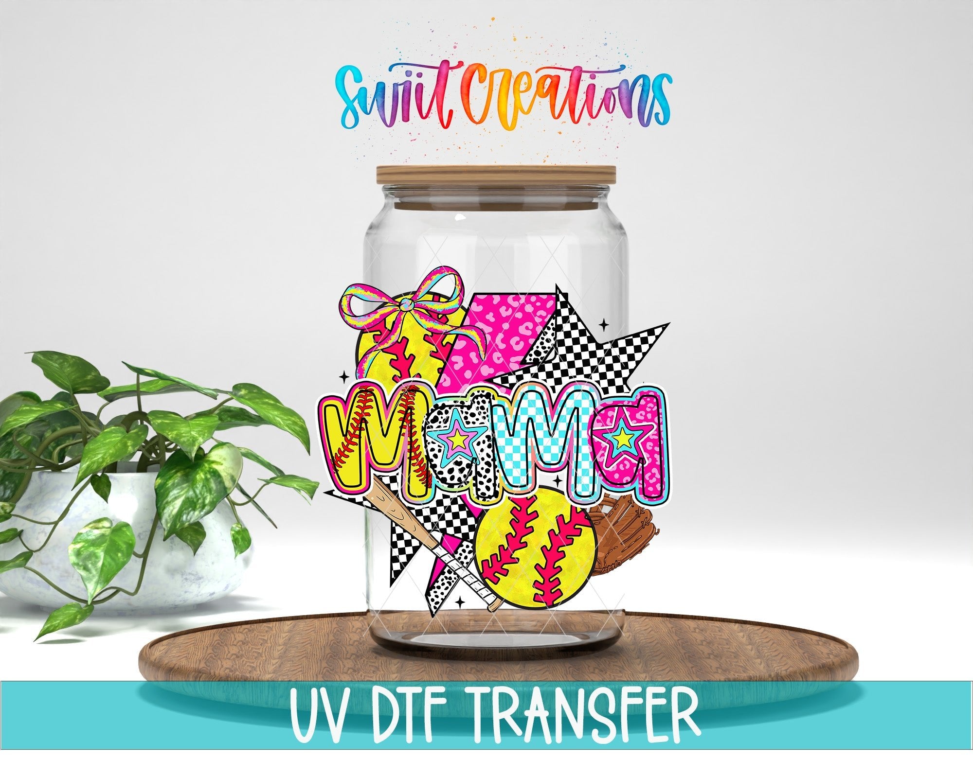 Softball Mama Colorful Sports UV DTF transfer displayed on a clear jar mockup from Swiit Creations