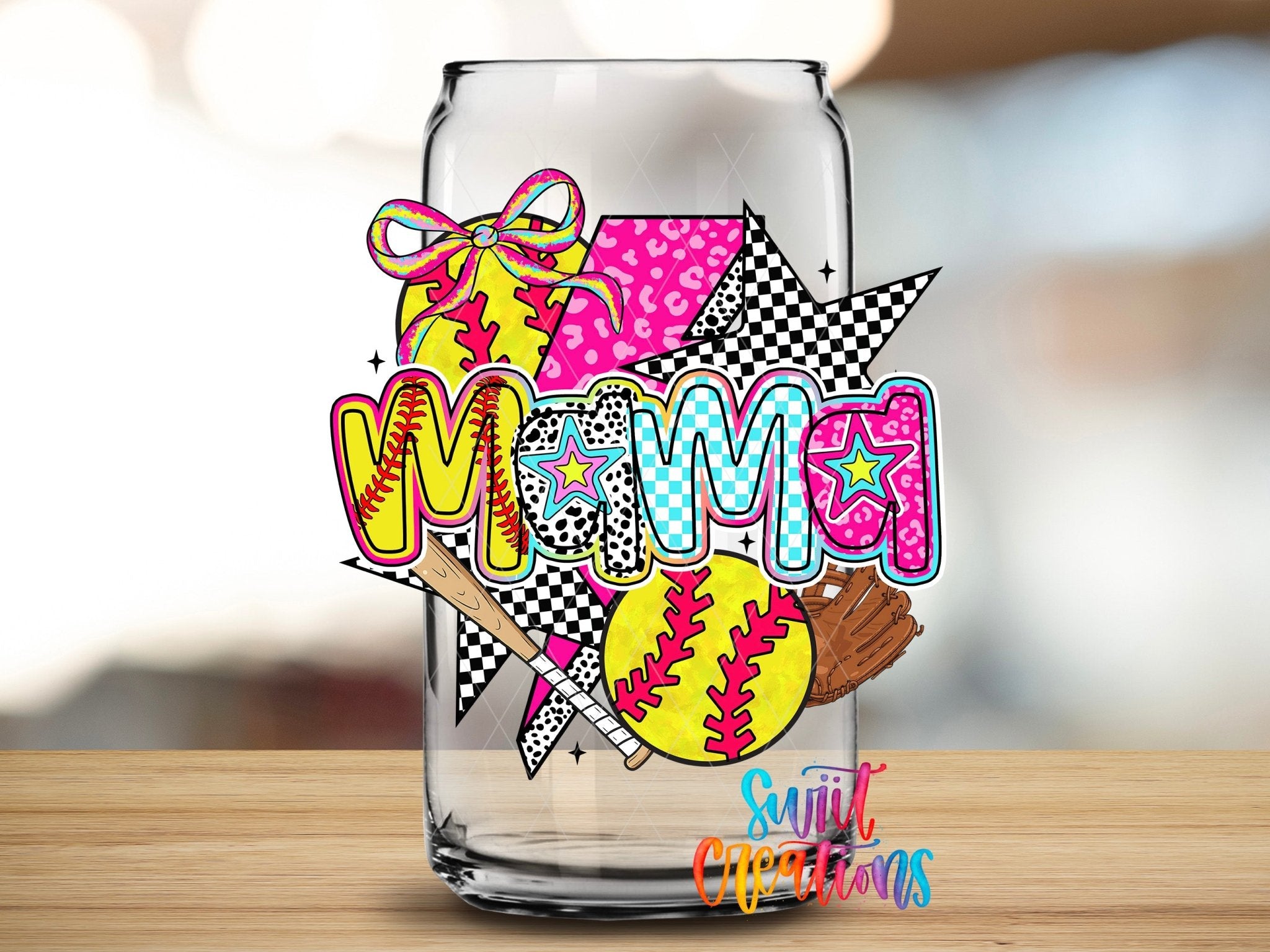 Softball Mama Colorful Sports UV DTF transfer applied to a clear glass can from Swiit Creations