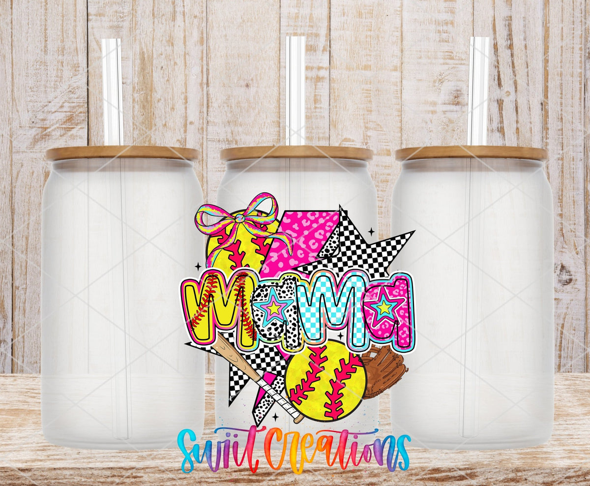 Softball Mama Colorful Sports UV DTF transfer applied to a clear glass can set from Swiit Creations
