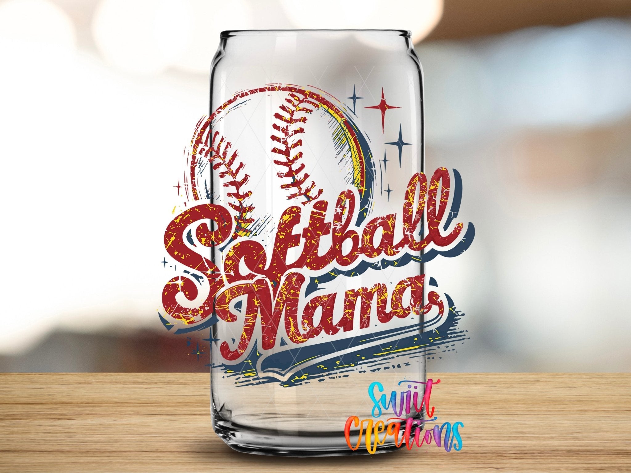 Softball Mama Retro UV DTF transfer applied to a clear glass can from Swiit Creations