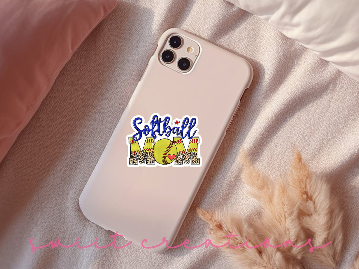 Softball Mom sticker on a pink phone case