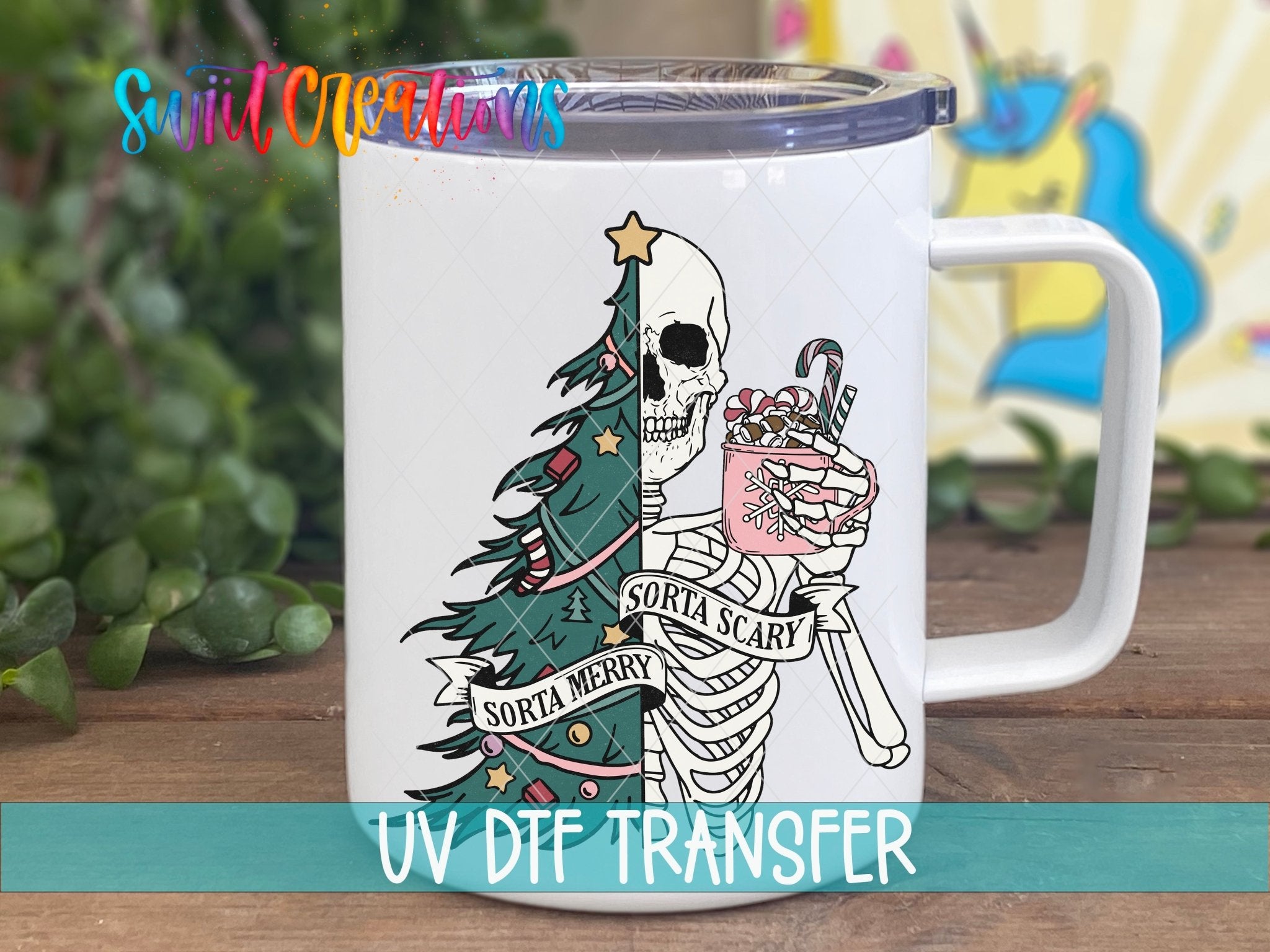 Swiit Creations UV DTF Sorta Merry Sorta Scary Skeleton Christmas transfer displayed on a white coffee mug