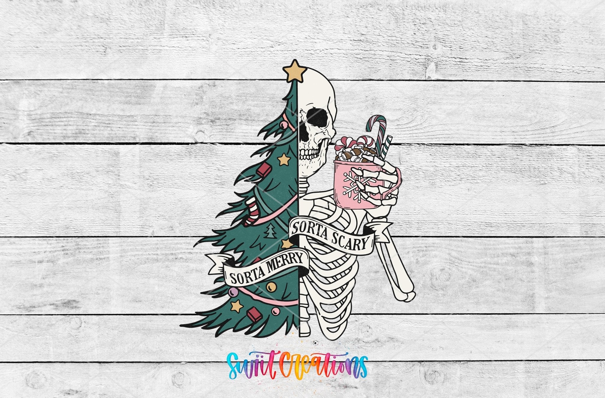 Swiit Creations UV DTF Sorta Merry Sorta Scary Skeleton Christmas transfer shown as the full artwork preview