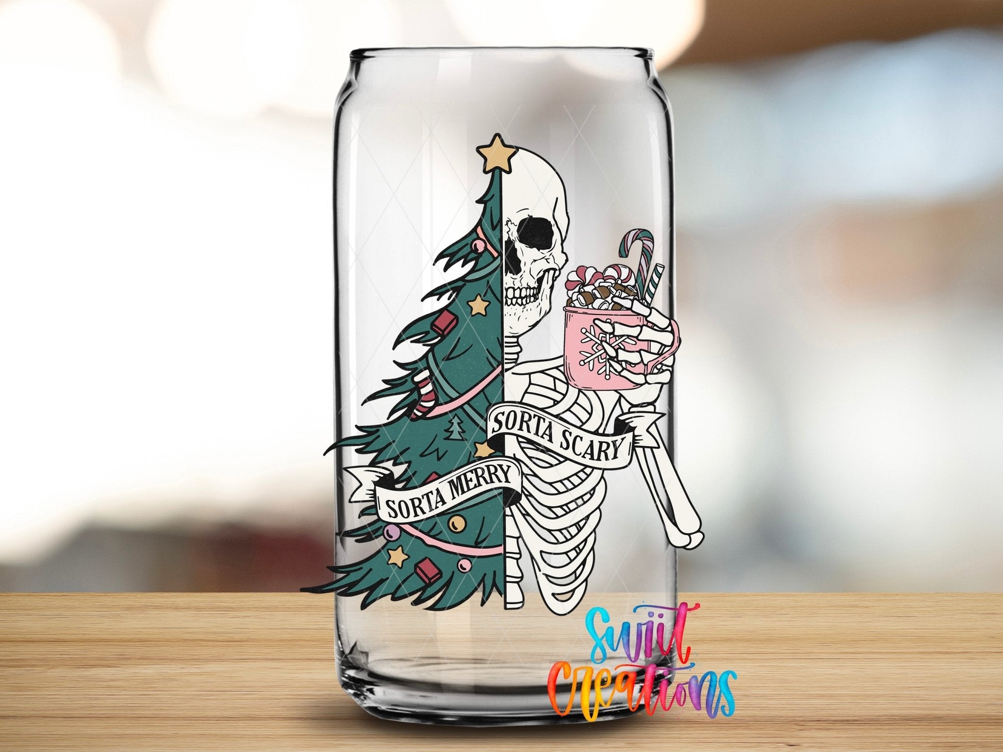 Swiit Creations UV DTF Sorta Merry Sorta Scary Skeleton Christmas transfer applied to a clear glass can