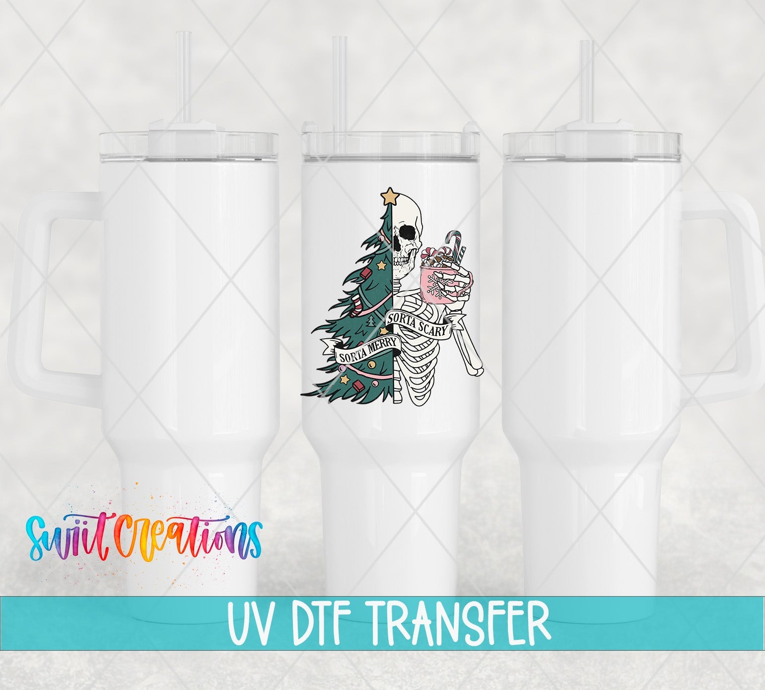 Swiit Creations UV DTF Sorta Merry Sorta Scary Skeleton Christmas transfer shown on a white tumbler set