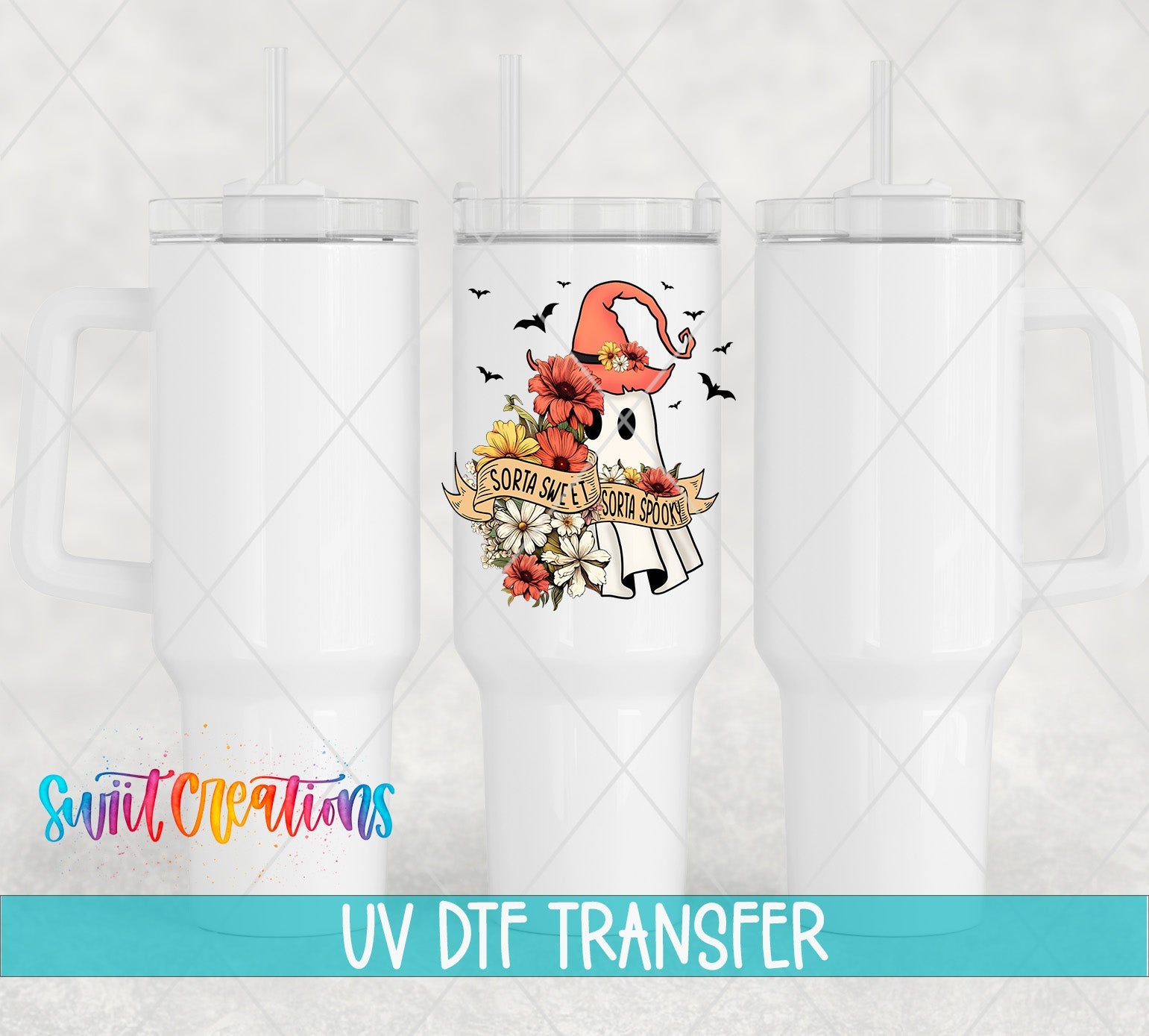 Swiit Creations UV DTF Sorta Sweet Spooky Ghost Floral Halloween transfer shown on a white tumbler set