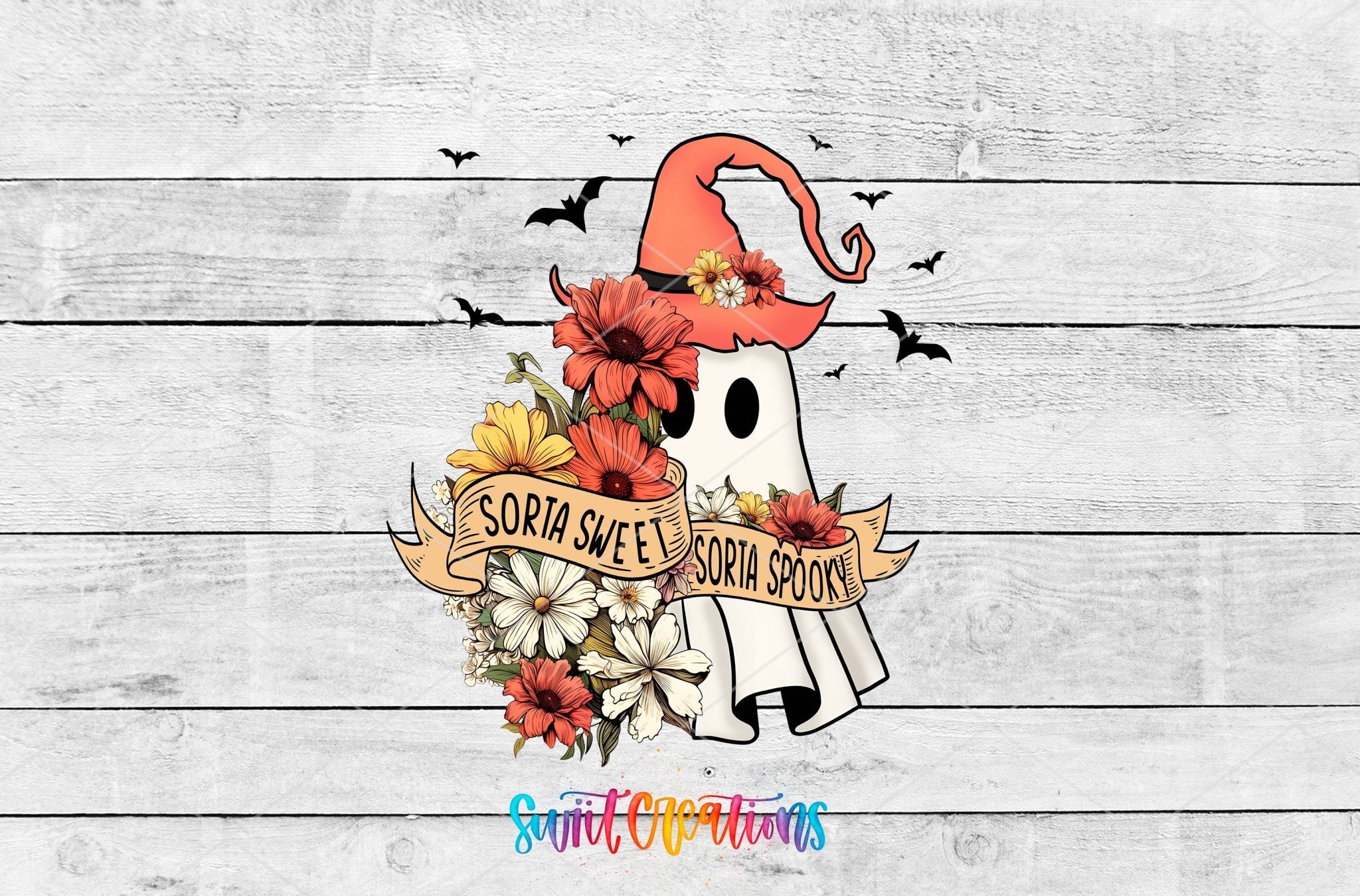 Swiit Creations UV DTF Sorta Sweet Spooky Ghost Floral Halloween transfer shown as the full artwork preview