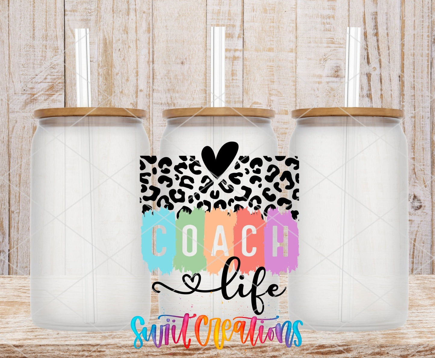 Sport Coach Life Leopard UV DTF transfer applied to a clear glass can set from Swiit Creations