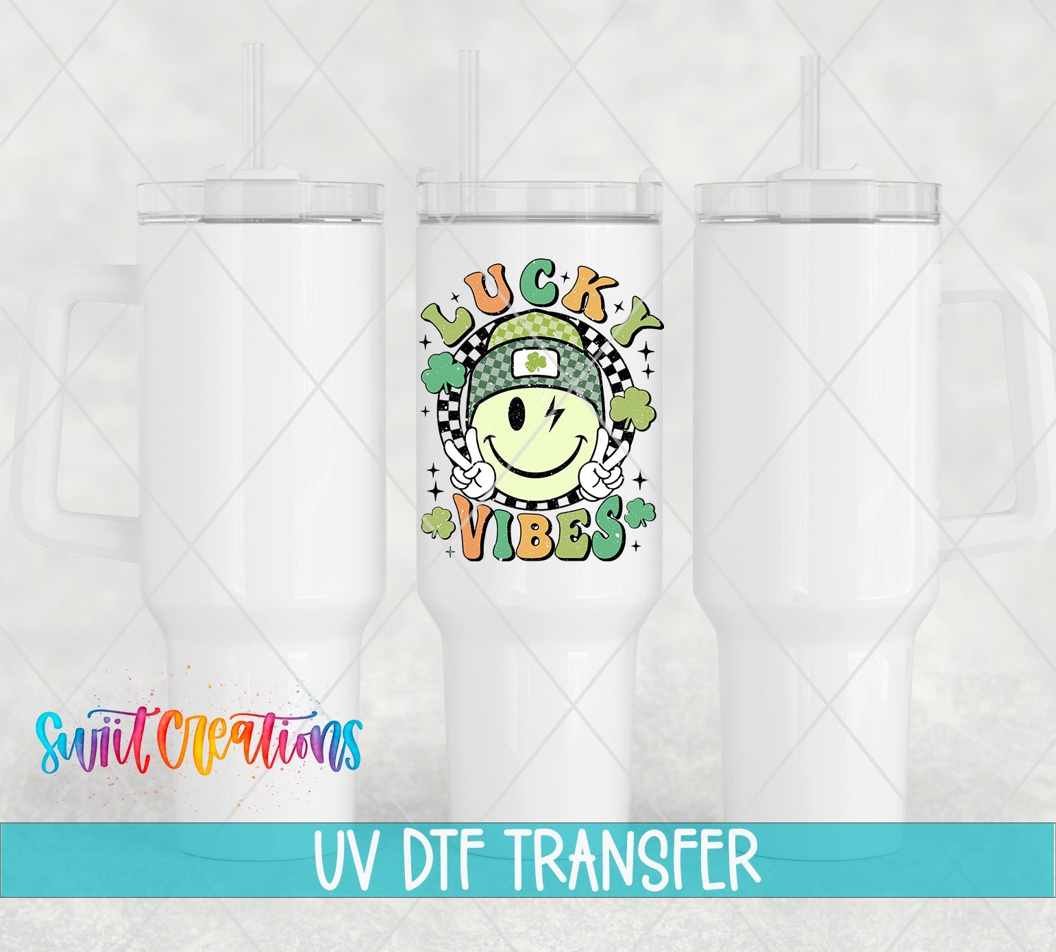 St Patricks Lucky Vibes UV DTF transfer applied to a white tumbler set from Swiit Creations