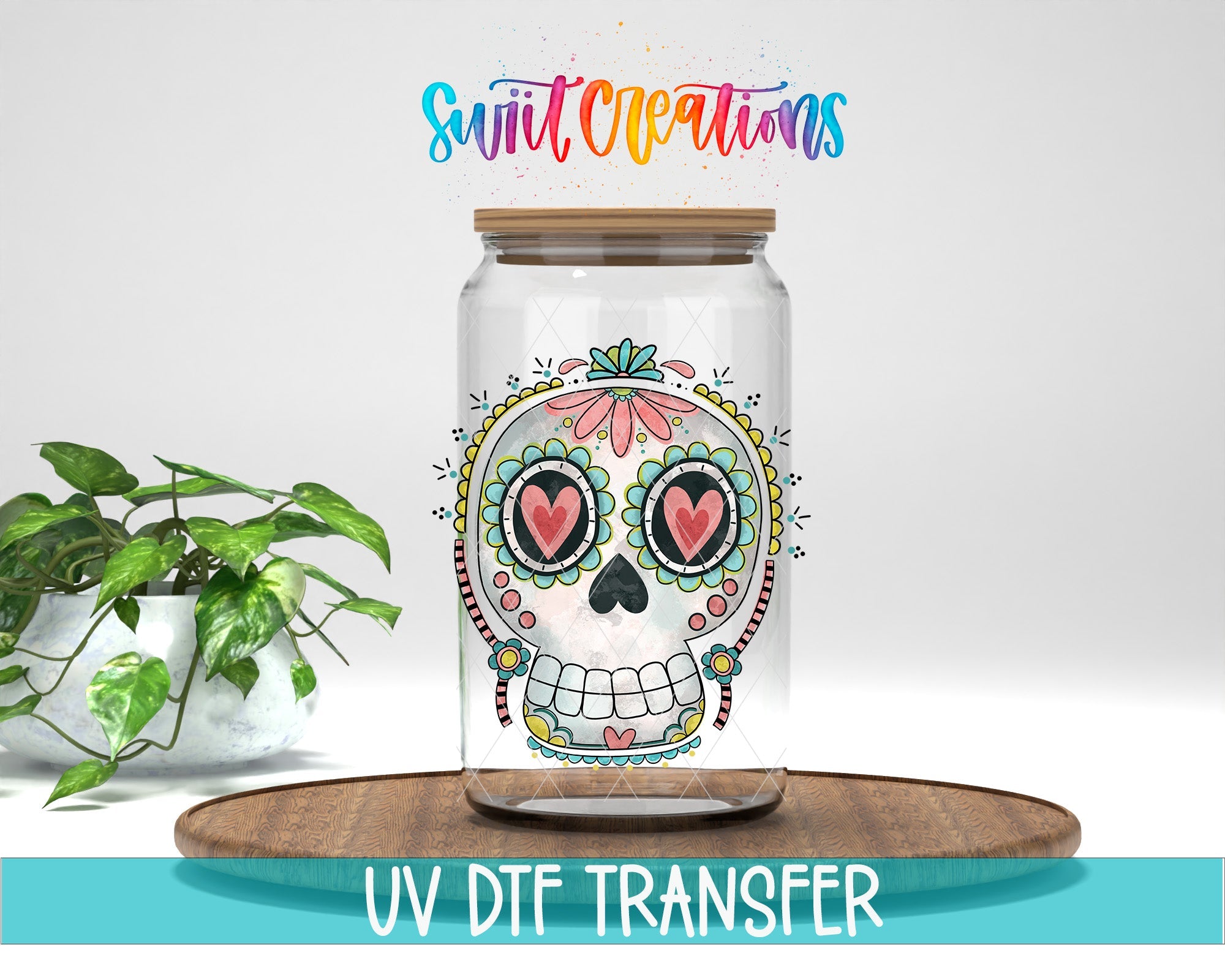 Sugar Skull Heart Eyes UV DTF transfer displayed on a clear jar mockup from Swiit Creations