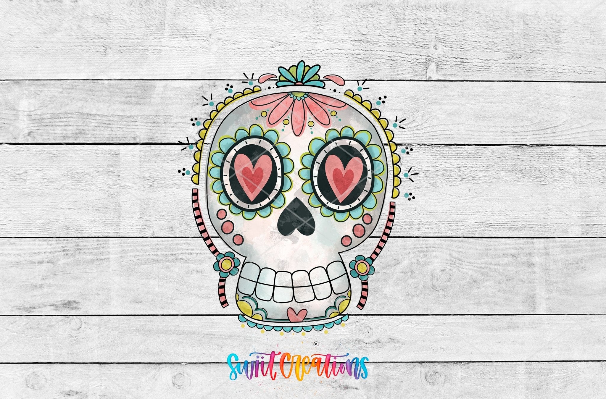 Sugar Skull Heart Eyes UV DTF transfer shown as a full artwork preview from Swiit Creations