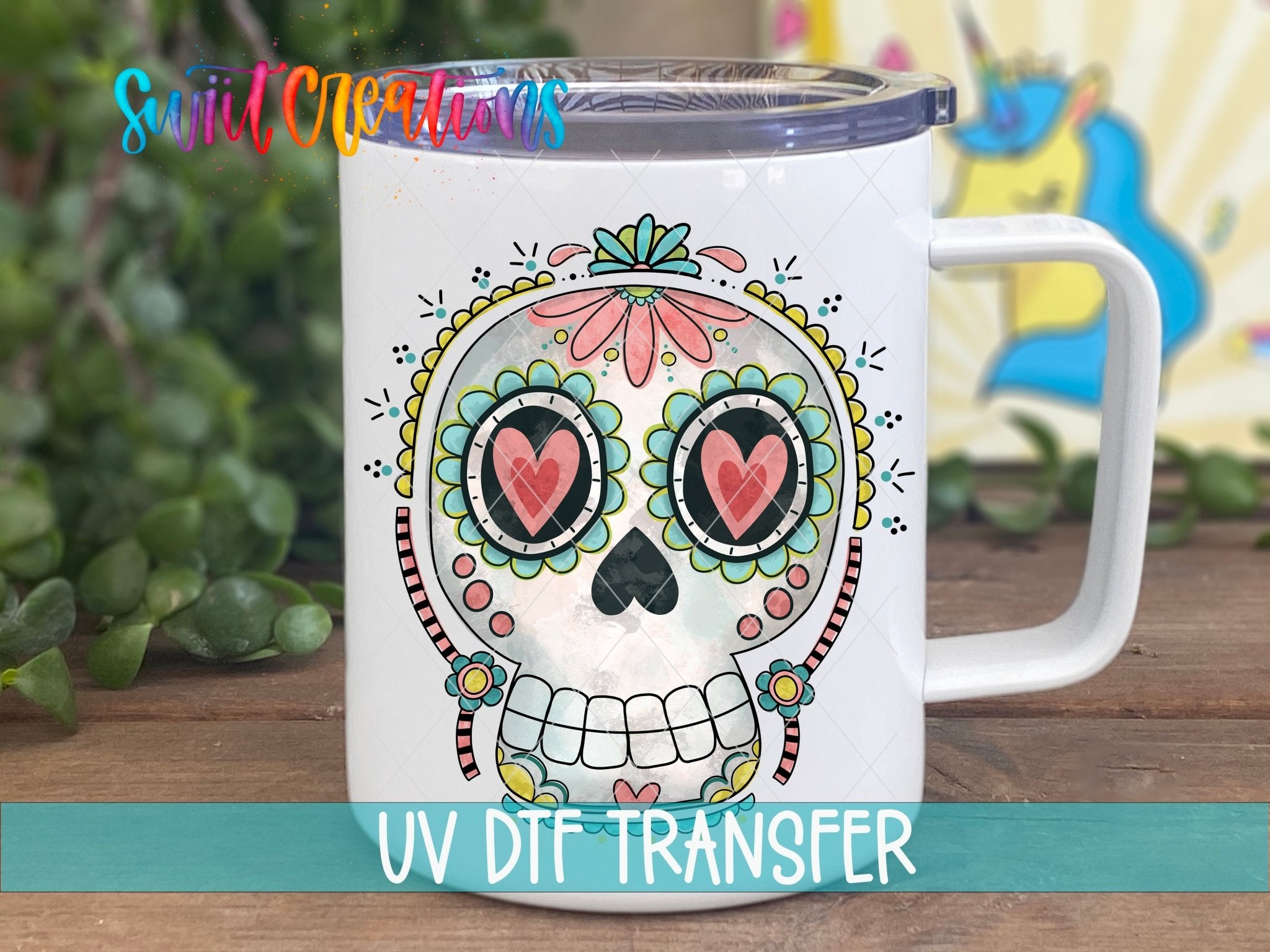 Sugar Skull Heart Eyes UV DTF transfer displayed on a white coffee mug from Swiit Creations