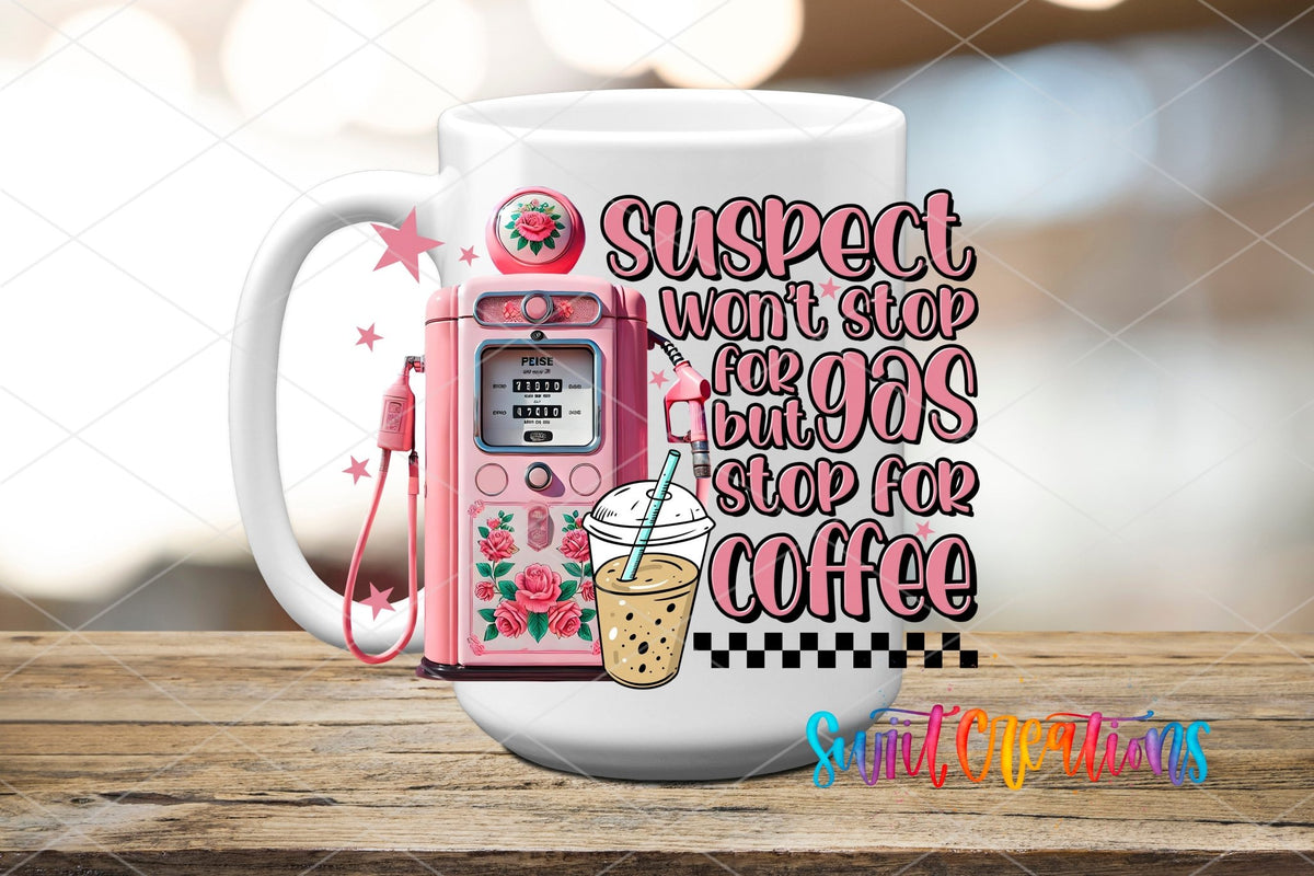 Swiit Creations UV DTF Gas Stop for Coffee transfer applied to a white ceramic mug