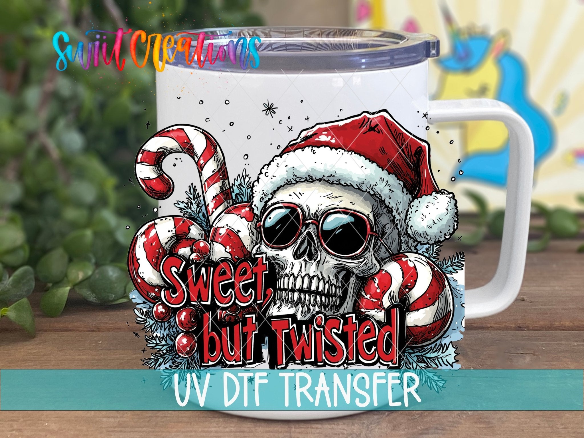 Swiit Creations UV DTF Sweet But Twisted Christmas Skull transfer displayed on a white coffee mug