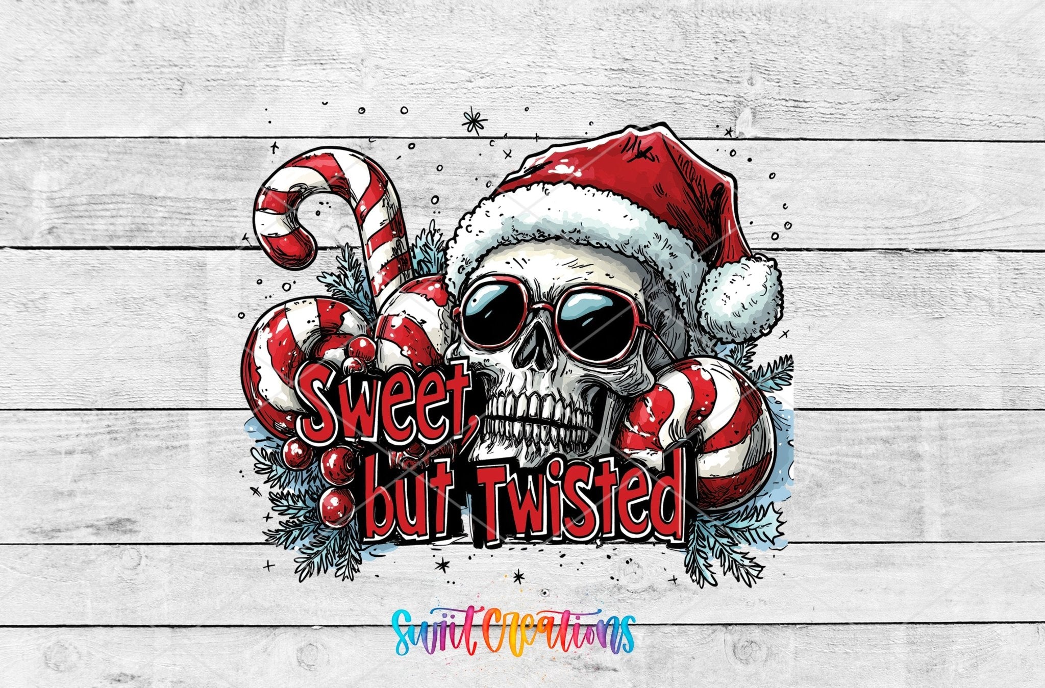 Swiit Creations UV DTF Sweet But Twisted Christmas Skull transfer shown as the full artwork preview