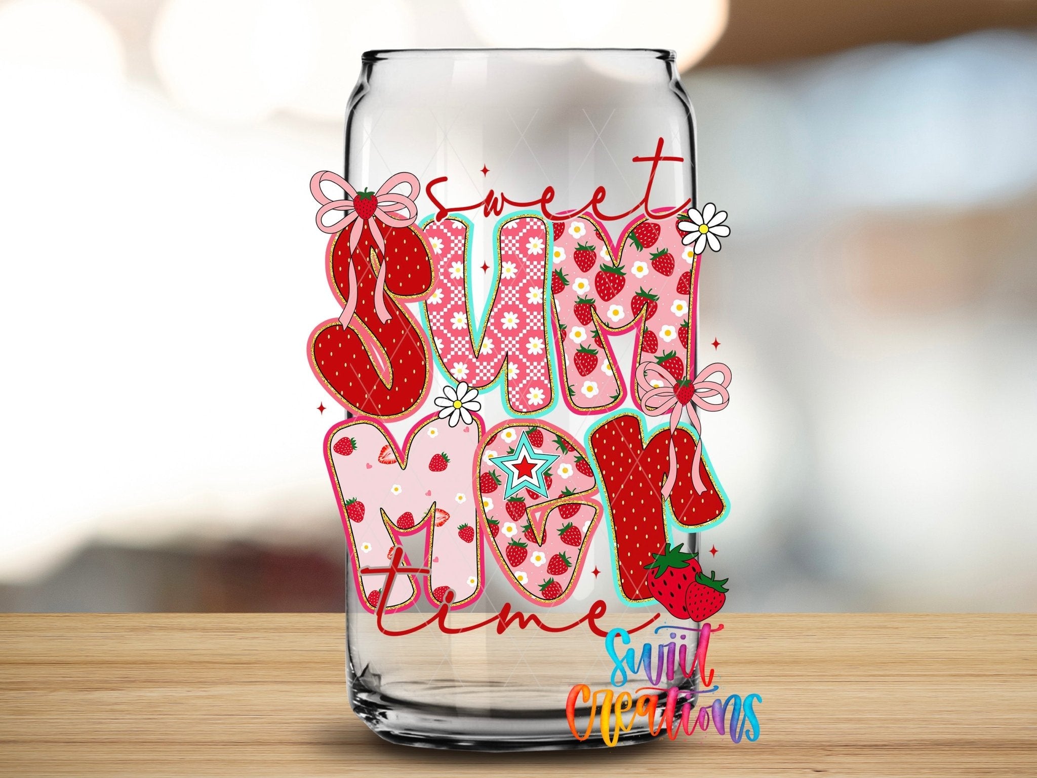 Sweet Summertime UV DTF transfer applied to a clear glass can from Swiit Creations