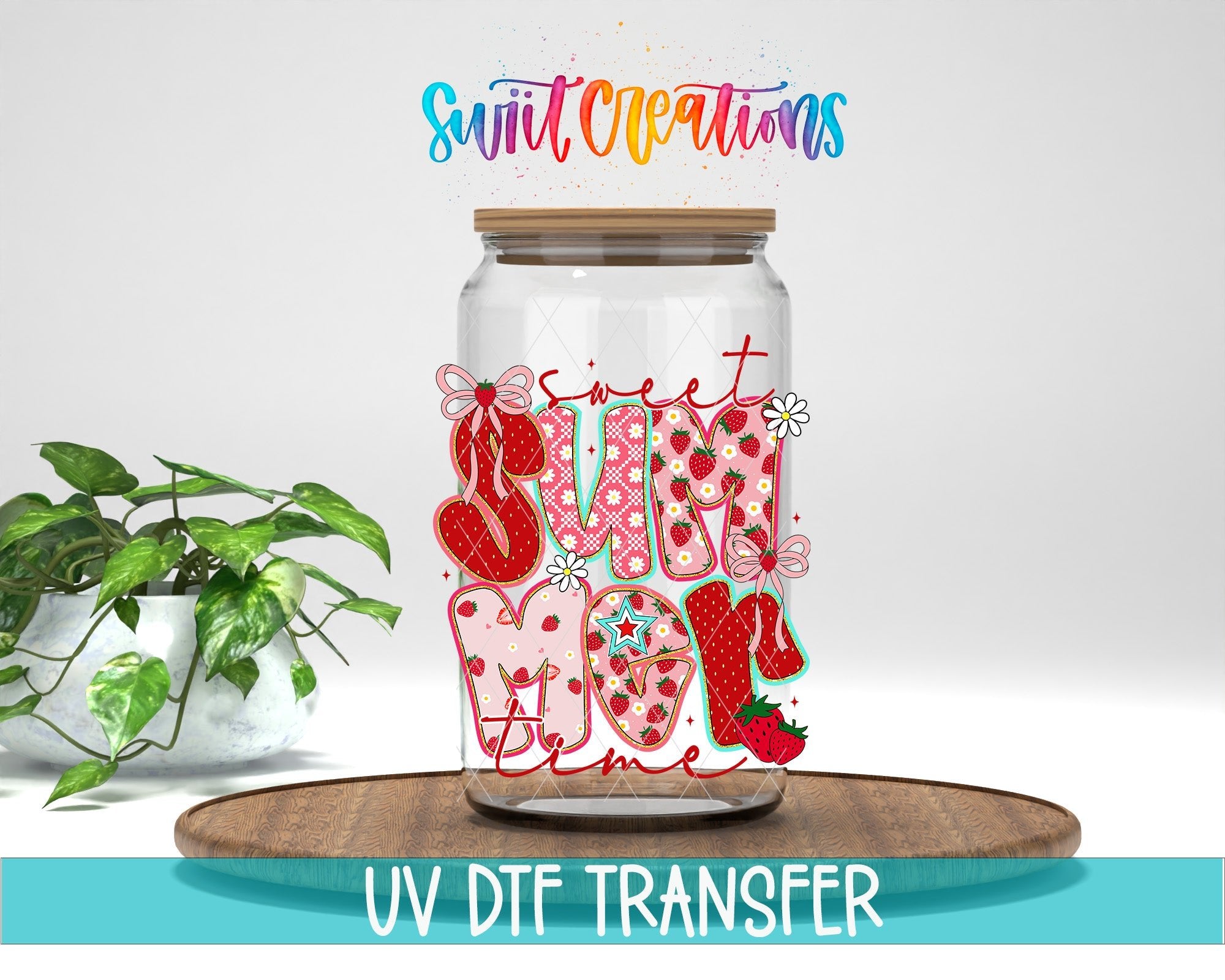 Sweet Summertime UV DTF transfer displayed on a clear jar mockup from Swiit Creations