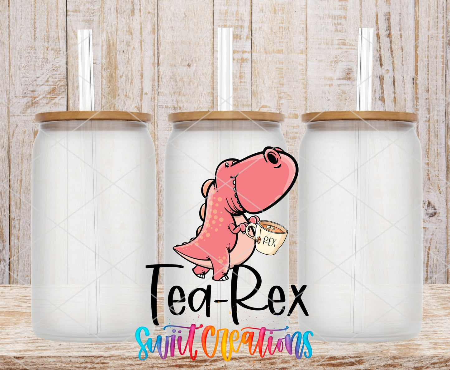 Tea-Rex UV DTF transfer applied to a clear glass can set from Swiit Creations