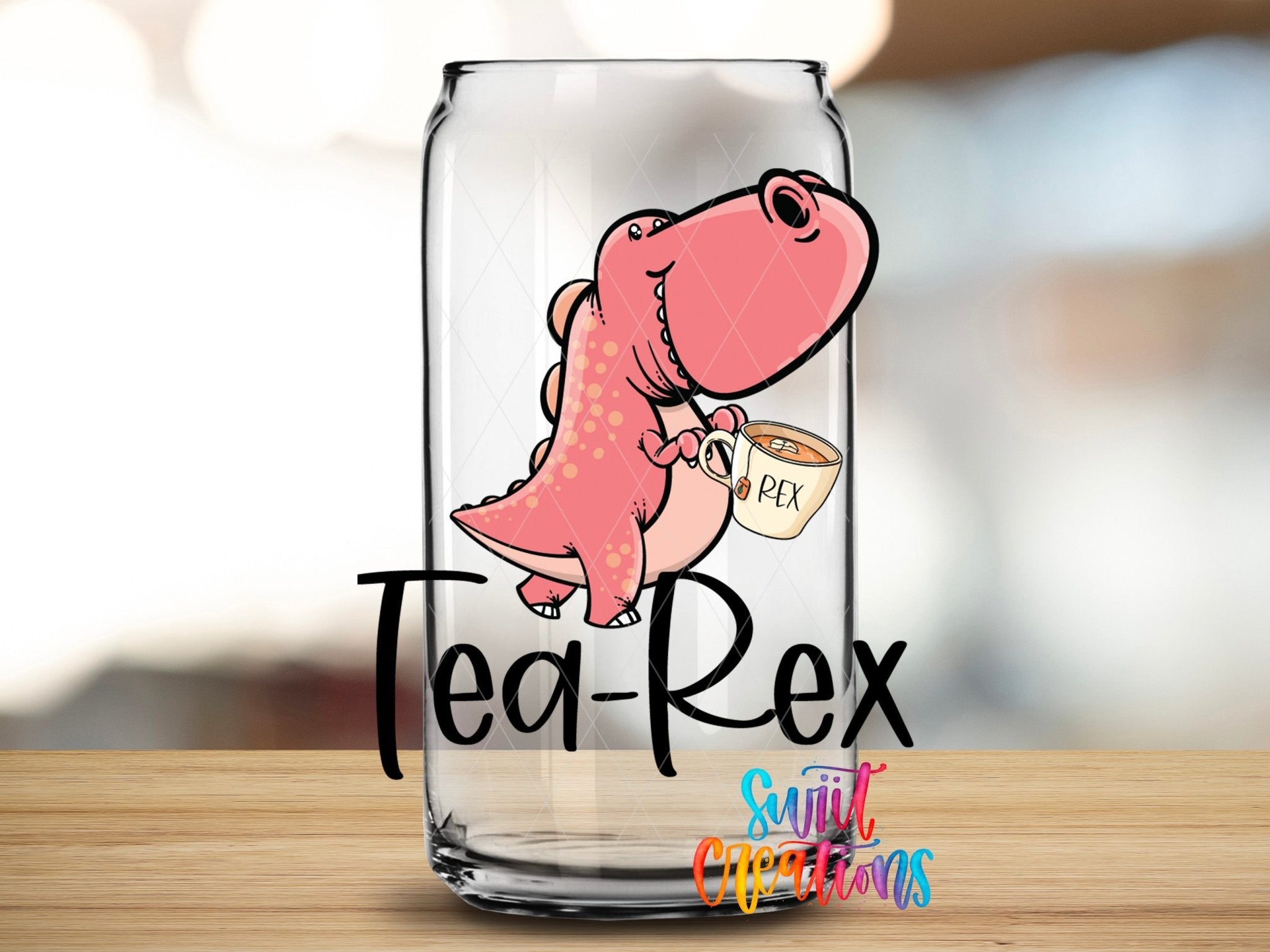 Tea-Rex UV DTF transfer applied to a clear glass can from Swiit Creations