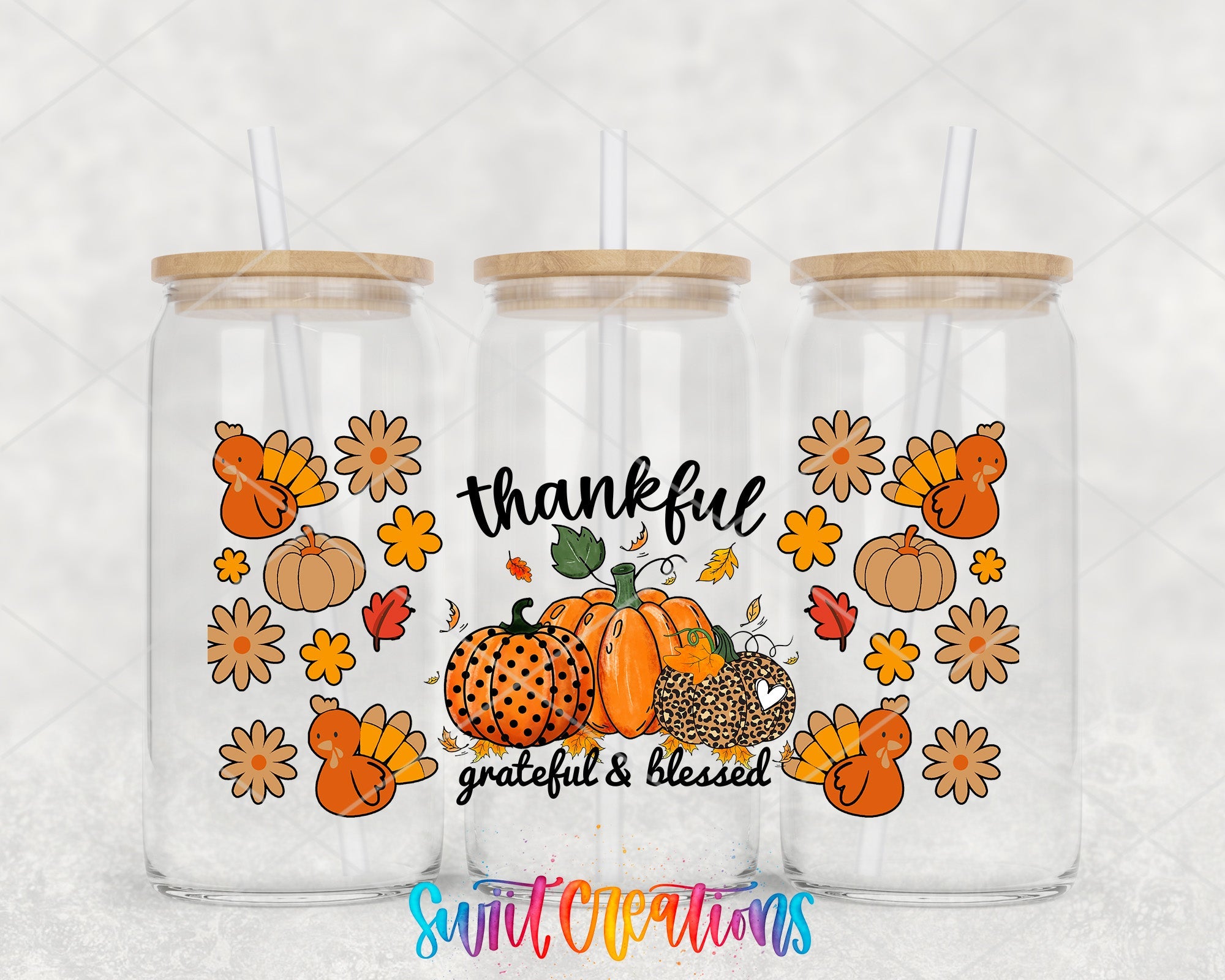 Thankful Grateful And Blessed UV DTF Transfer Tumbler Wrap | Pumpkin Turkey Fall | DTF149 - Swiit Creations