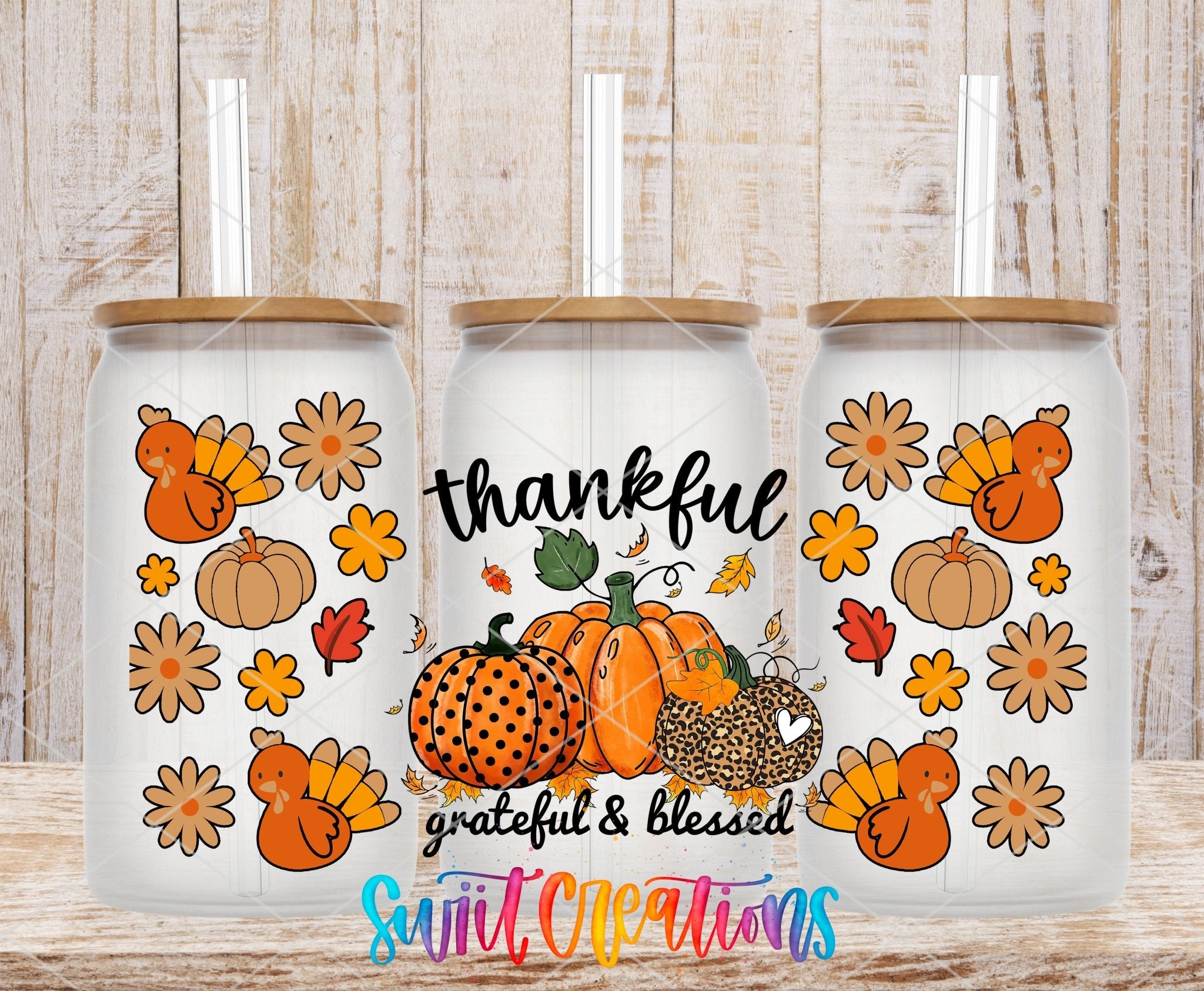 Thankful Grateful And Blessed UV DTF Transfer Tumbler Wrap | Pumpkin Turkey Fall | DTF149 - Swiit Creations