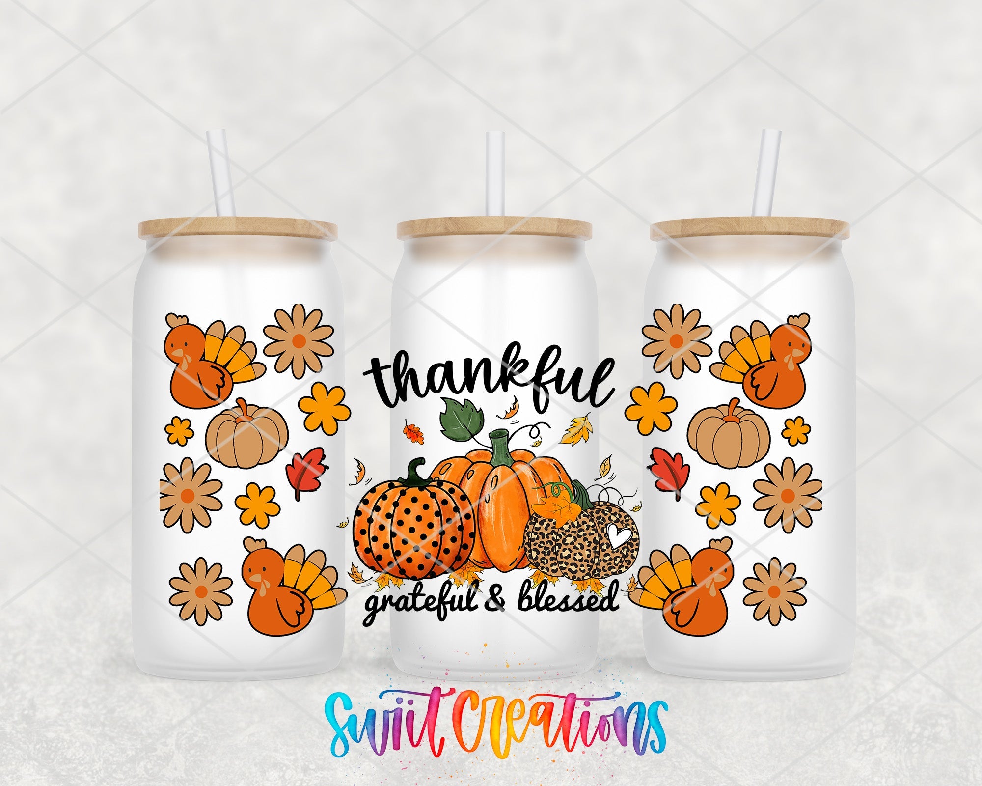 Thankful Grateful And Blessed UV DTF Transfer Tumbler Wrap | Pumpkin Turkey Fall | DTF149 - Swiit Creations