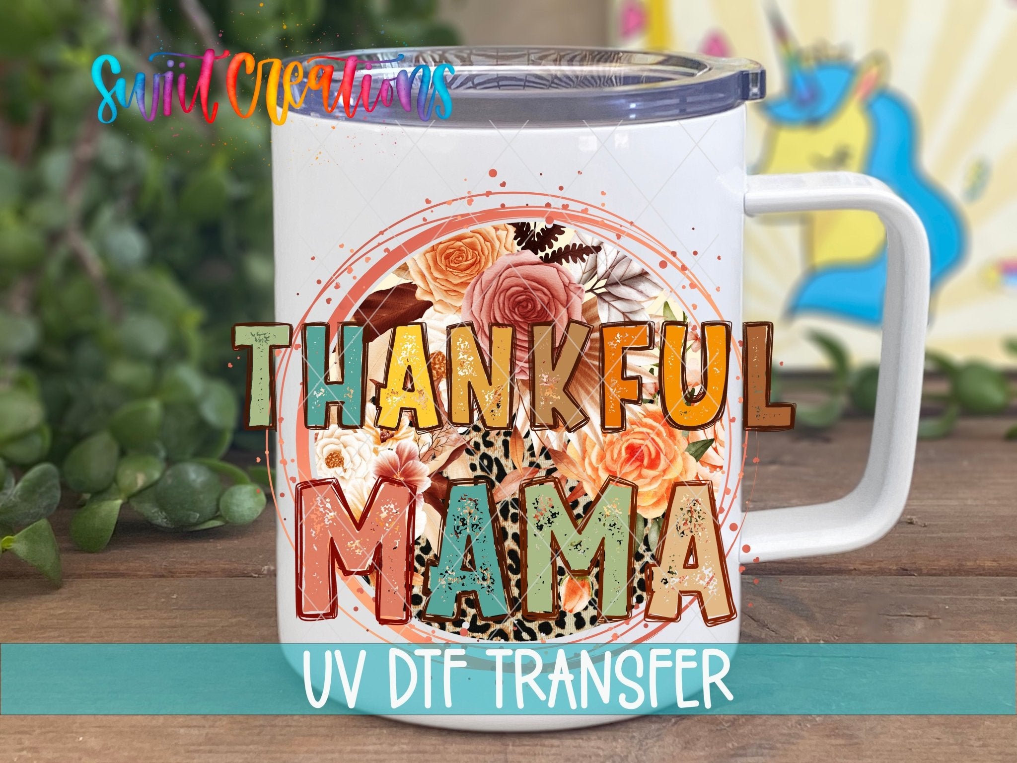 Thankful Mama Fall Floral Leopard UV DTF transfer displayed on a white coffee mug from Swiit Creations