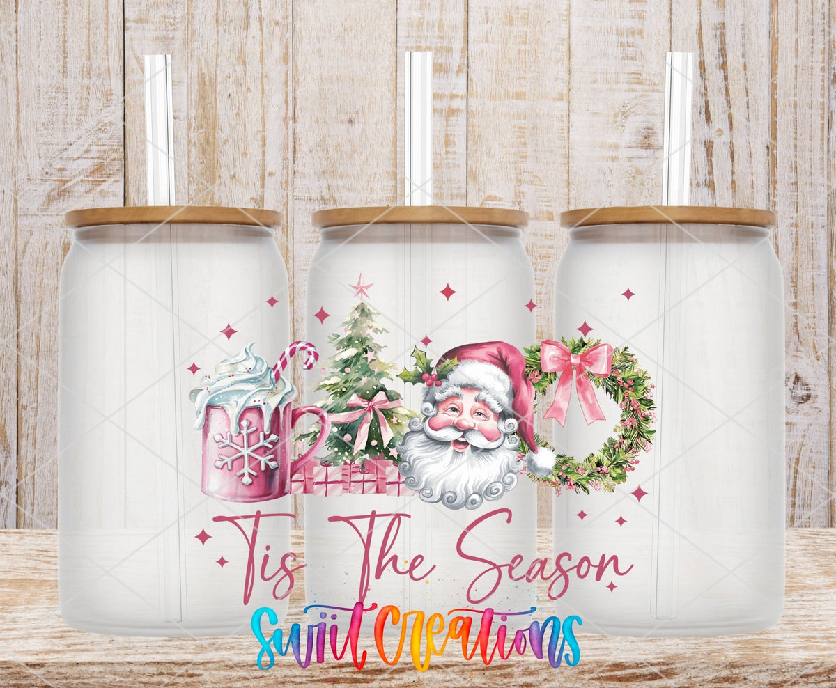 Swiit Creations UV DTF Tis the Season Christmas transfer shown on a clear glass can set