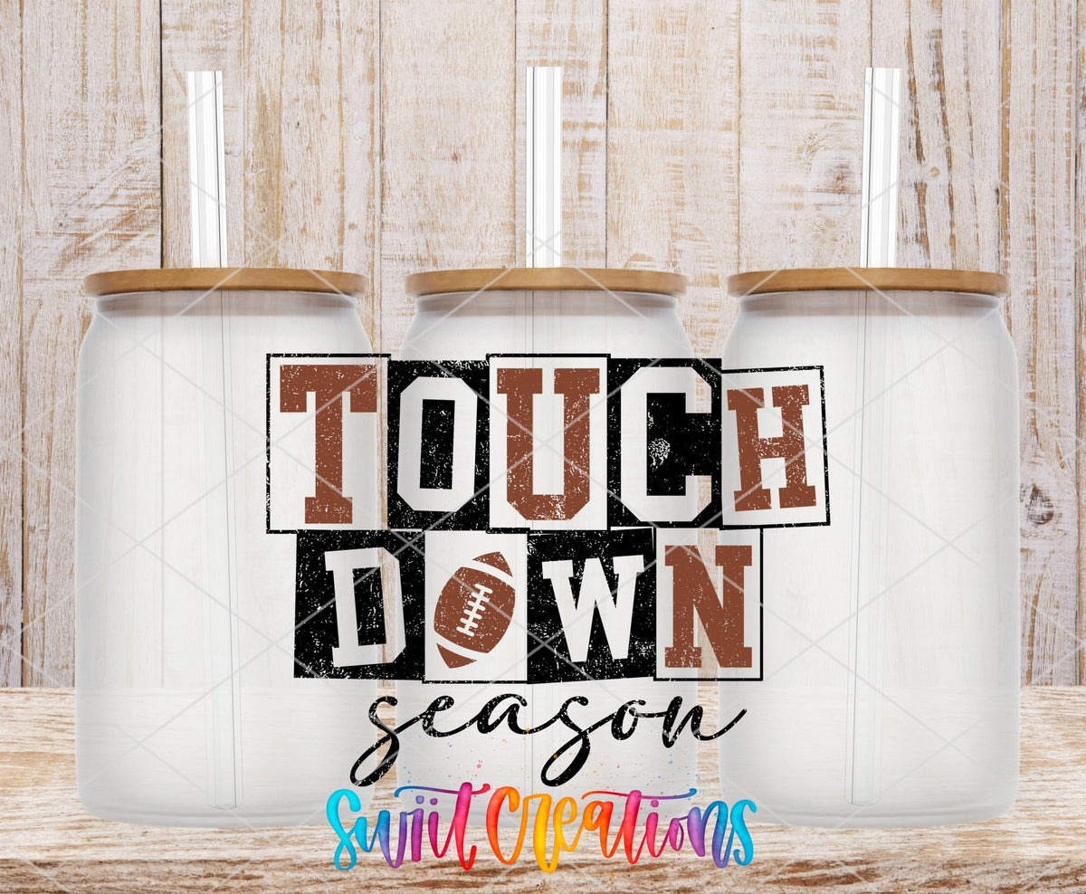 Touchdown Season UV DTF transfer on frosted glass cans with bamboo lids