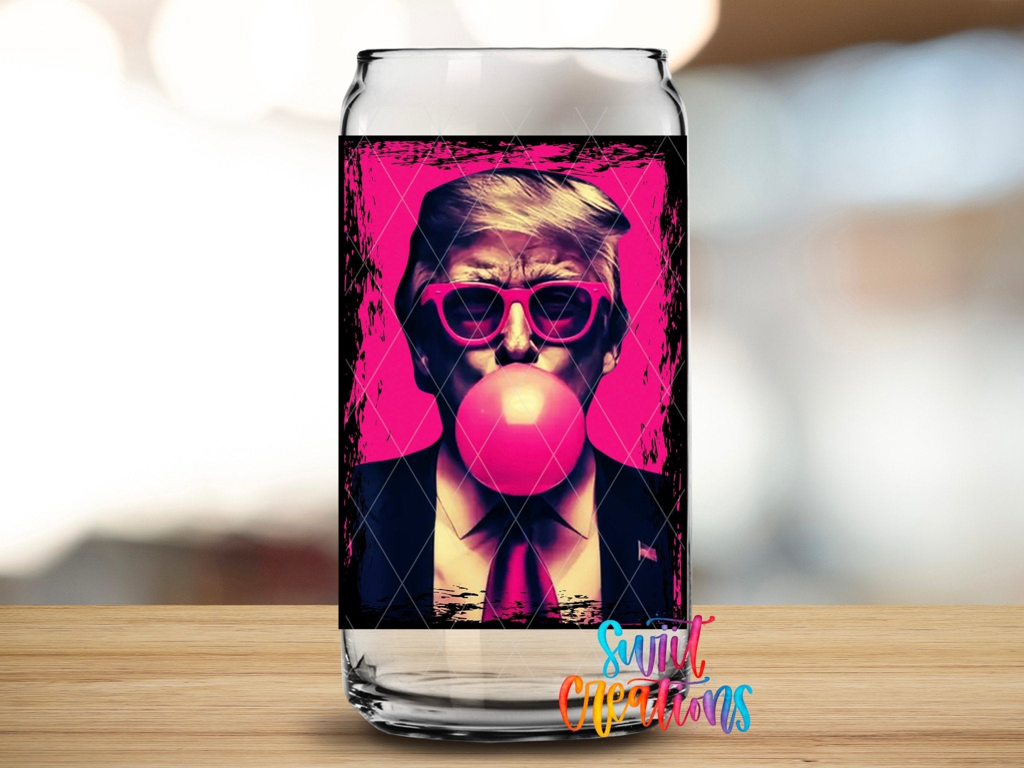 Swiit Creations UV DTF Trump transfer applied to a clear glass can