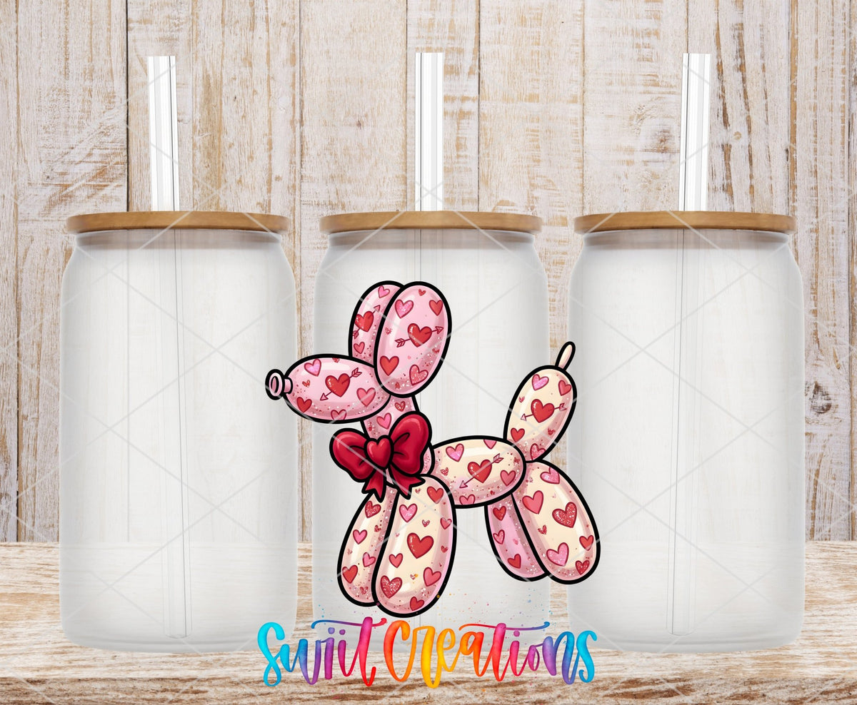 Balloon Dog pink hearts UV DTF transfer on frosted glass cans with bamboo lids