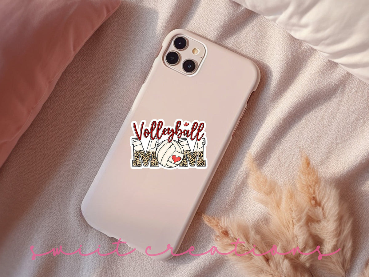 Volleyball Mom sticker on a pink phone case