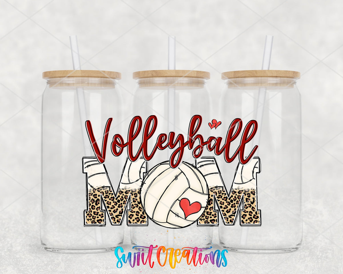 Volleyball Mom UV DTF wrap on three glass cans