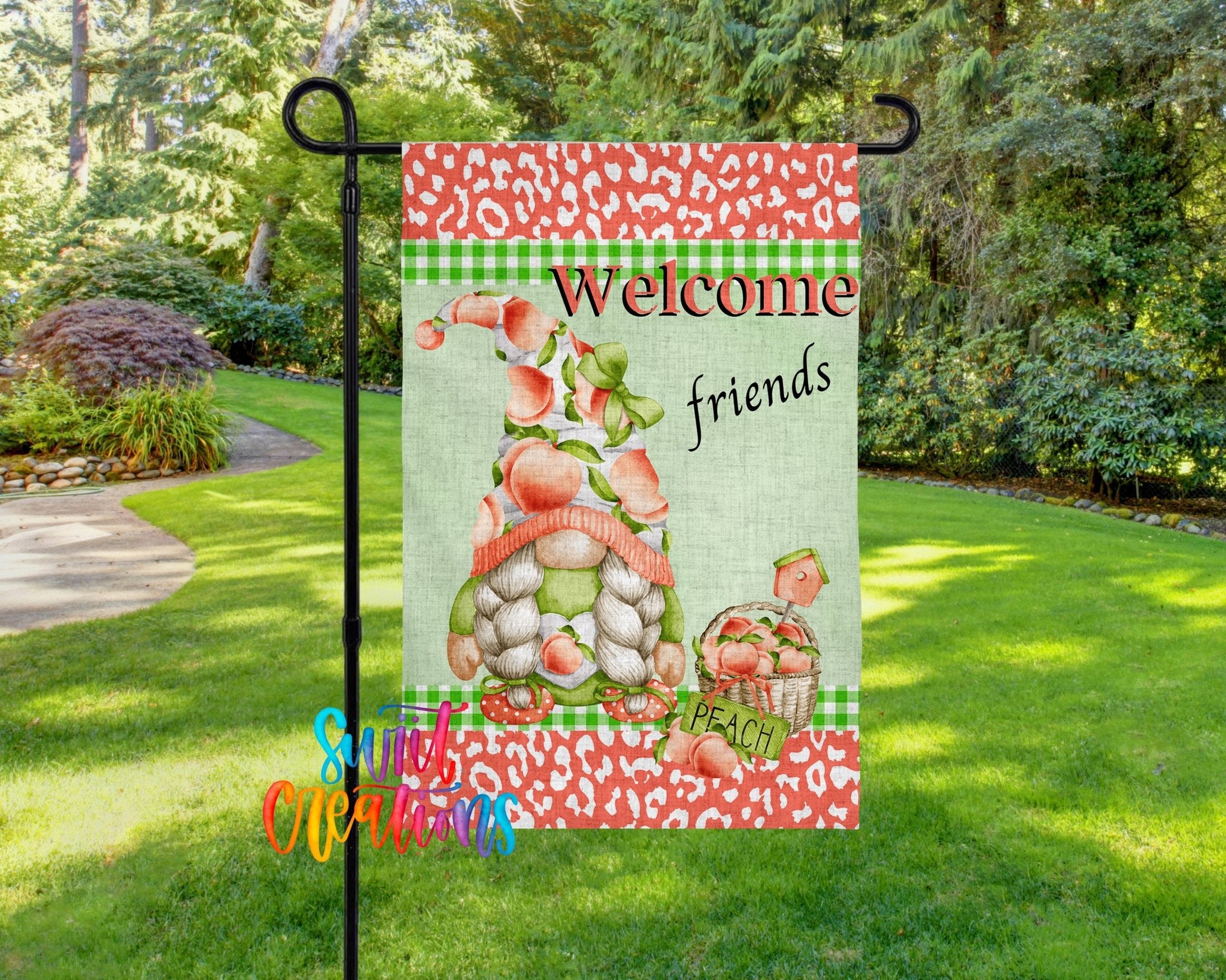 Welcome Friends Peach Gnome Yard Flag | Summer Garden Flag with Peach Basket, Braided Gnome, & Outdoor Charm | YF64 - Swiit Creations