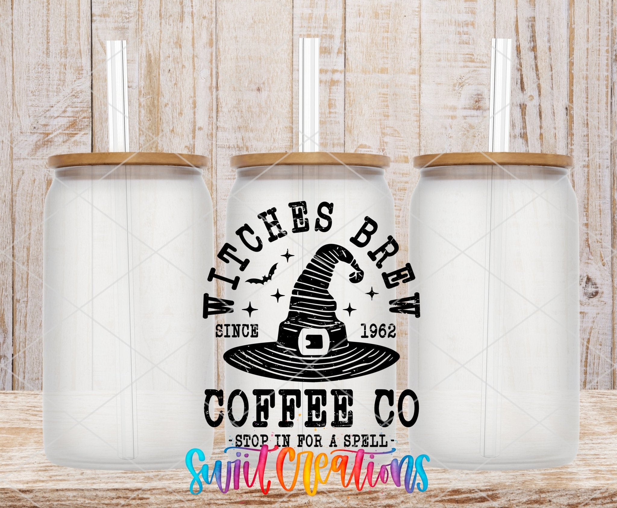 Witches Brew Coffee Co UV DTF transfer applied to a clear glass can set from Swiit Creations