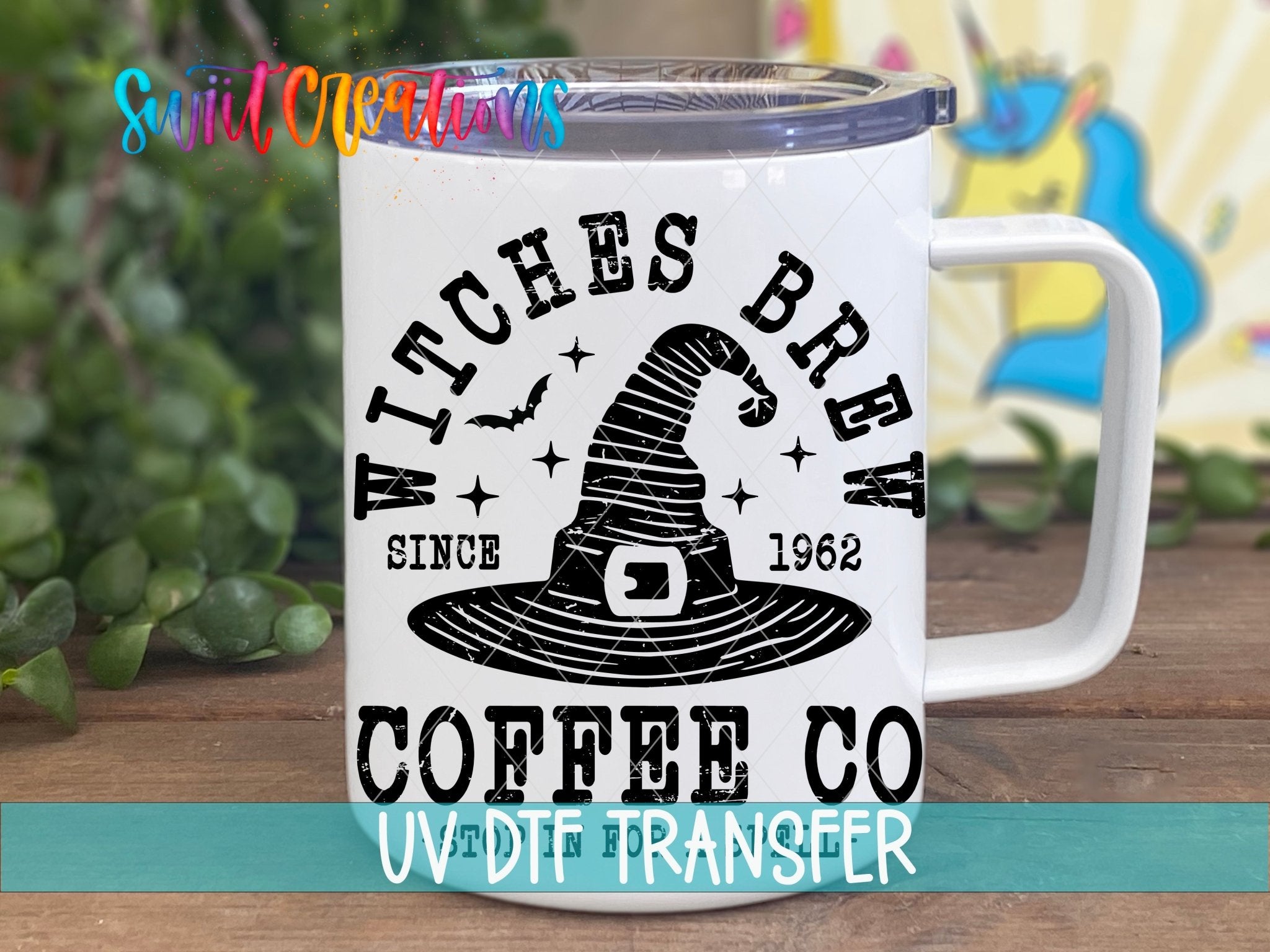 Witches Brew Coffee Co UV DTF transfer displayed on a white coffee mug from Swiit Creations