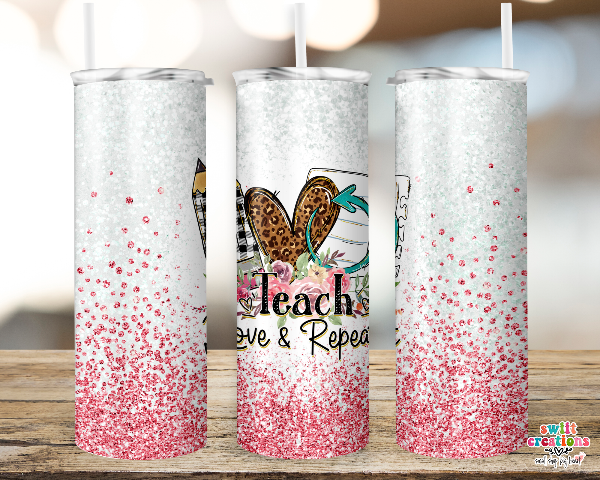 Teach Love Repeat Pink Glitter Tumbler (T215)
