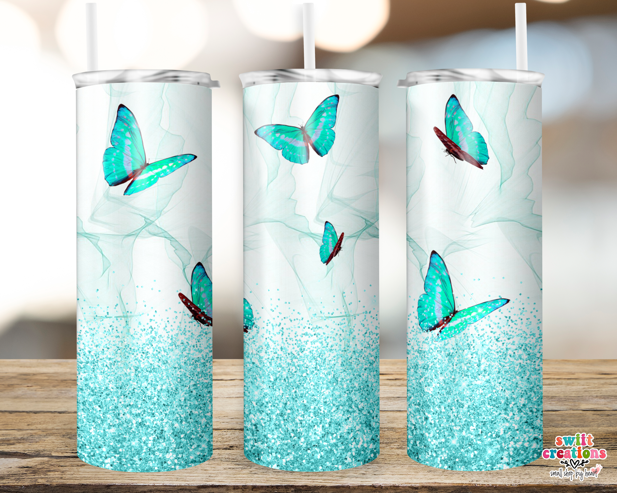 Teal Blue Butterfly Glitter Tumbler (T166)