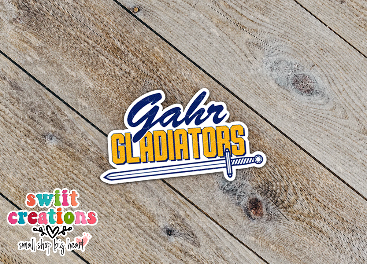 Close-up of the Gahr Gladiators sticker on rustic wood