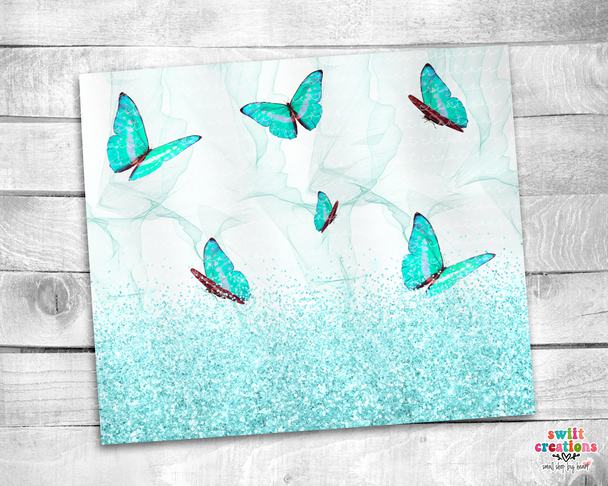 Teal Blue Butterfly Glitter Tumbler (T166)
