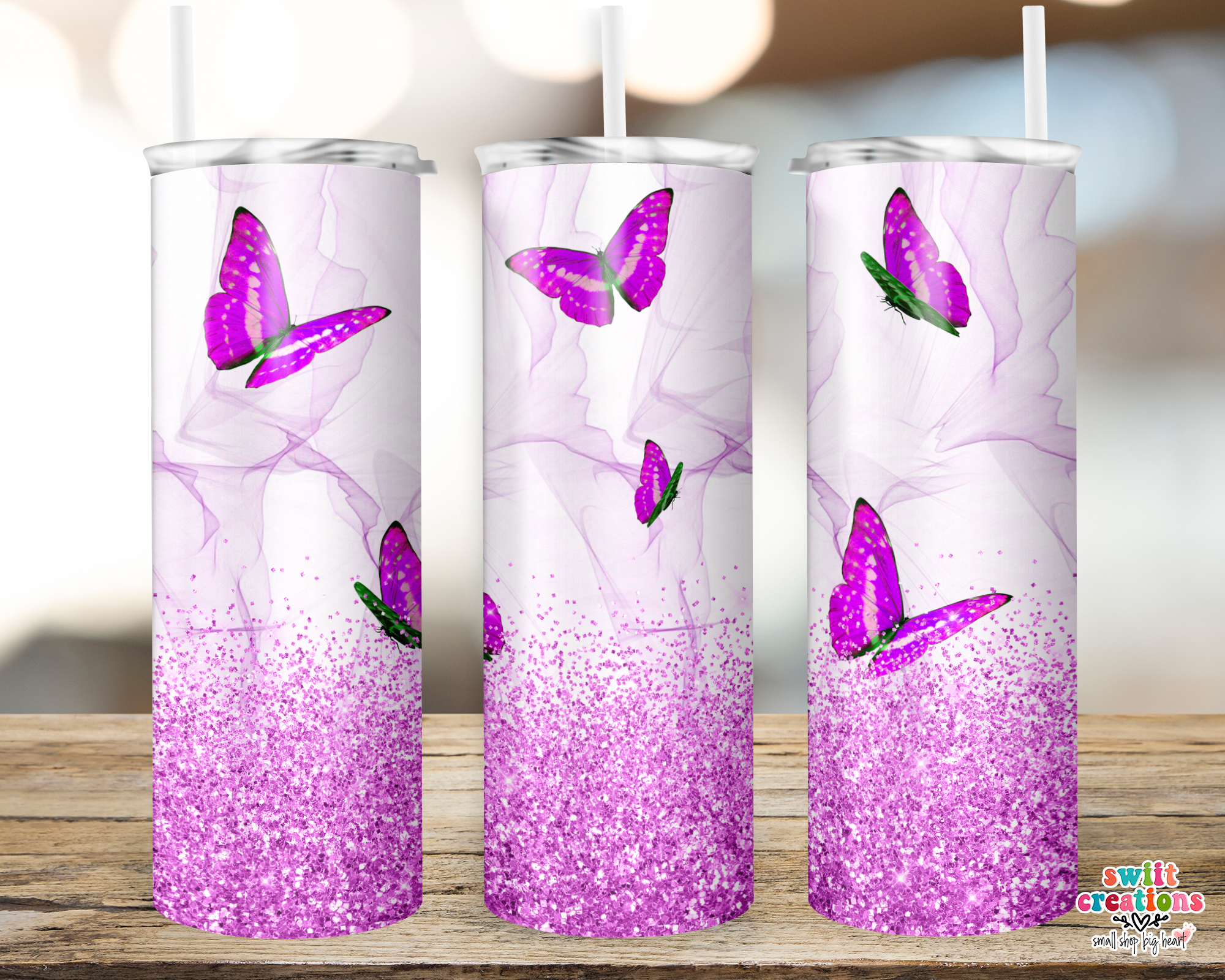 Purple Blue Butterfly Glitter Tumbler (T167)