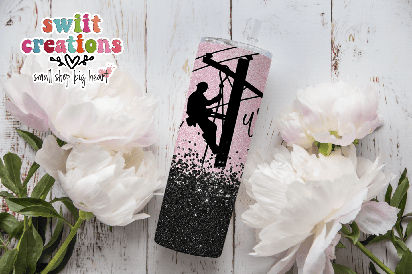 Lineman Wife Pink Glitter Tumbler (T340) - Swiit Creations